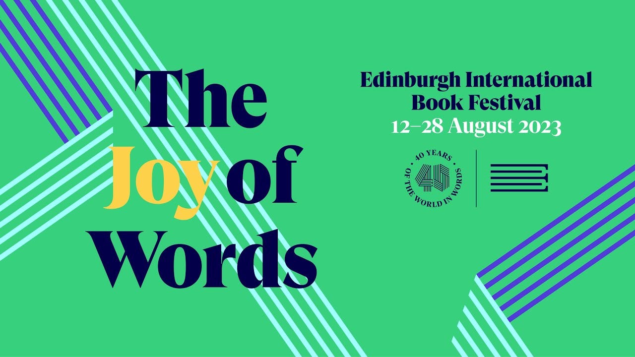 Green and blue striped cover of the Book Festival Program titled The Joy of Words