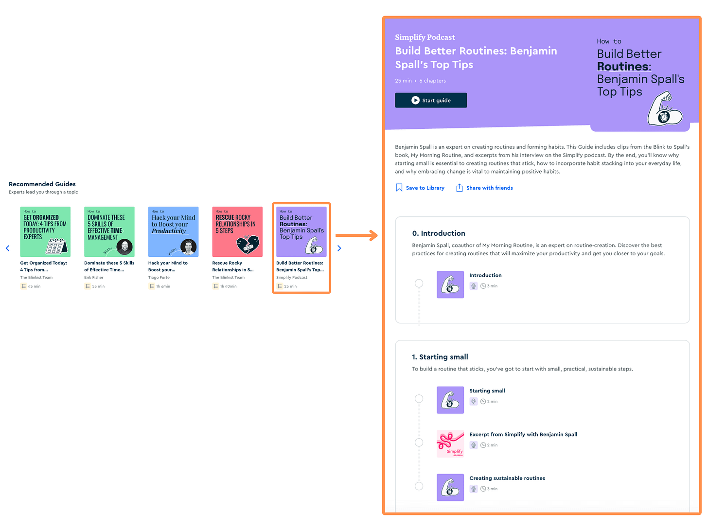 Blinkist’s Guides (desktop view + light mode)