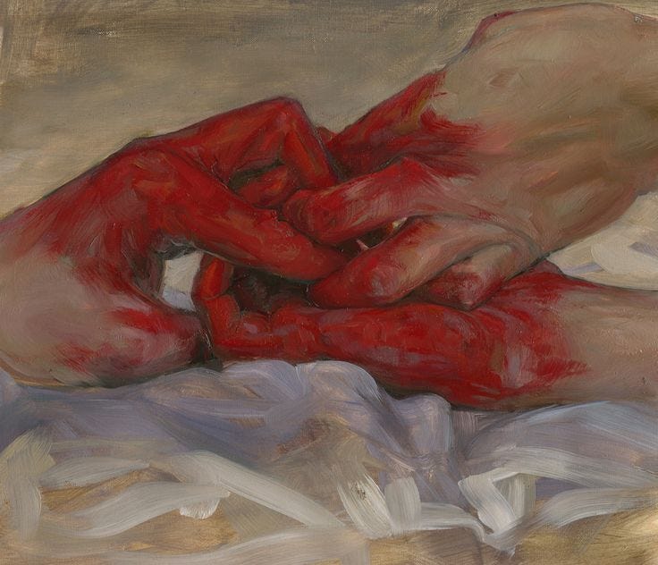 This may contain: a painting of two hands touching each other