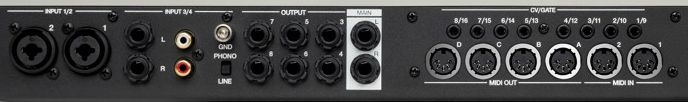 Snapshot of back panel on Akai MPCXL shwoing combo XLR - 1/4" input, 8 outputs and midi I/O Snapshot of back panel on Akai MPCXL shwoing combo XLR - 1/4" input, 8 outputs and midi I/O