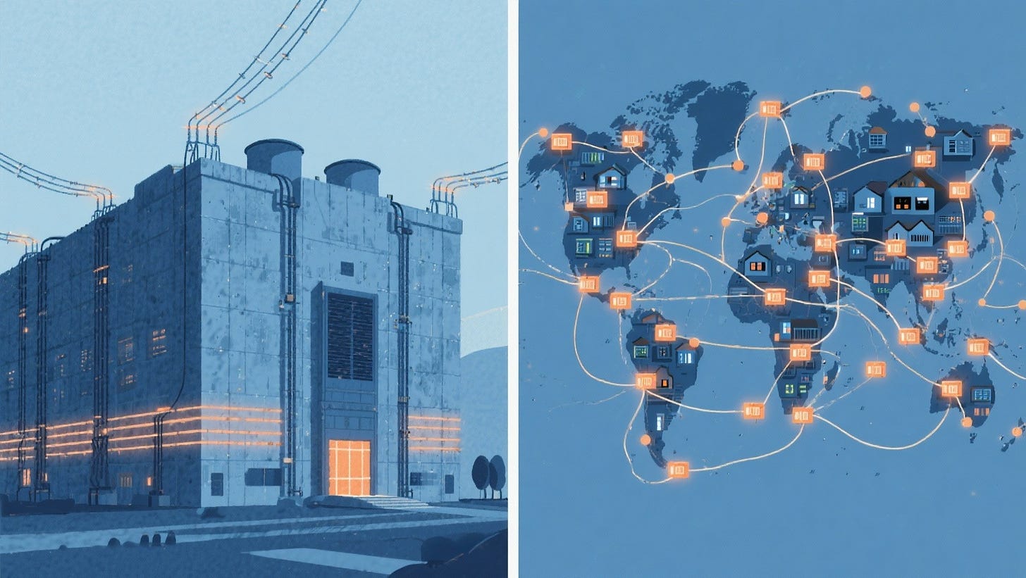 Comparison between centralized corporate data center and distributed network of thousands of small infrastructure nodes