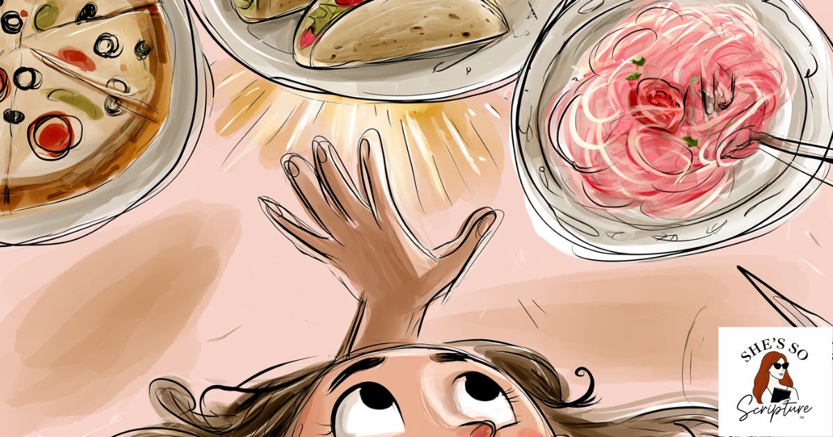 Illustrated child reaching up toward glowing pizza, tacos, and spaghetti plates on a table, symbolizing a wide-open "anything you want" choice.