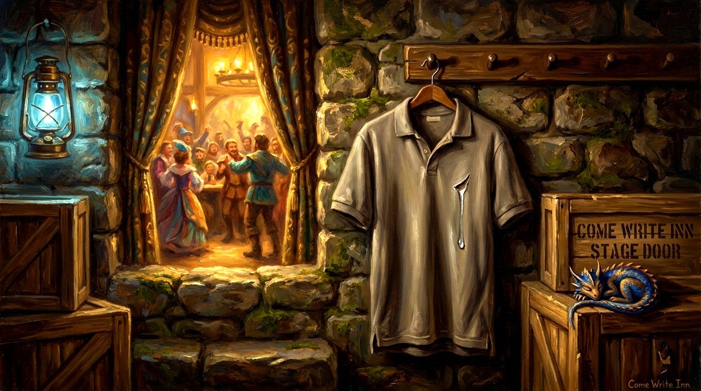A single plain solid-color polo shirt droops alone on a peg backstage at the Come Write Inn, a tear rolling down, the colorful show going on without it.