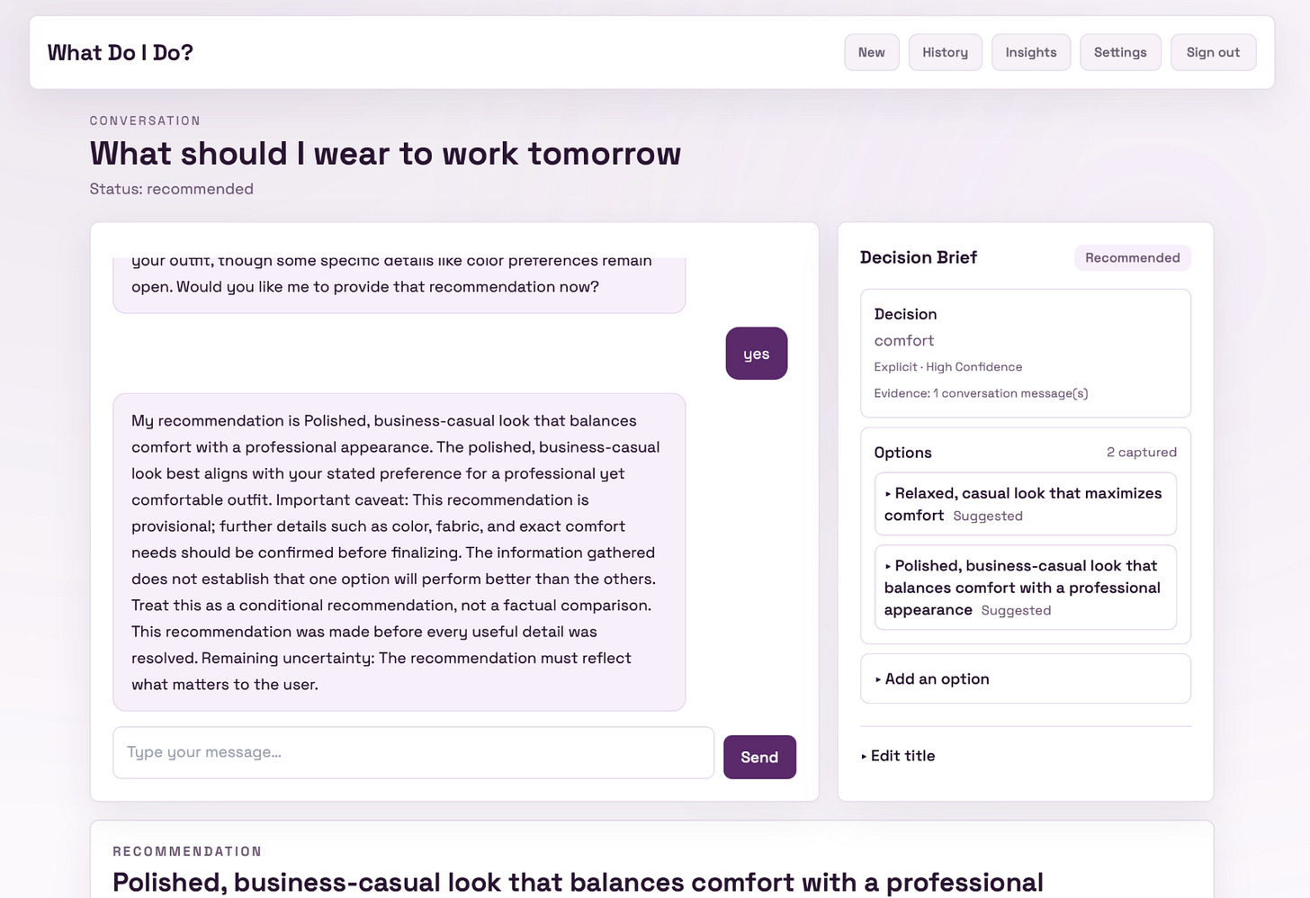 Screenshot of a conversation interface discussing outfit recommendations for work, highlighting a polished business-casual look that balances comfort and professionalism.