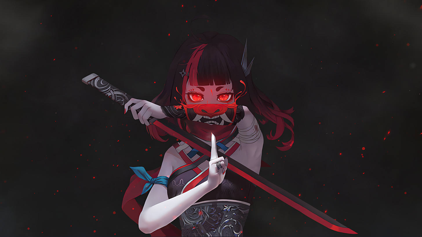 Anime 3840x2160 Onigirl katana demon eyes samurai ninja girl red red eyes looking at viewer sword anime girls glowing eyes two tone hair gradient hair simple background minimalism weapon