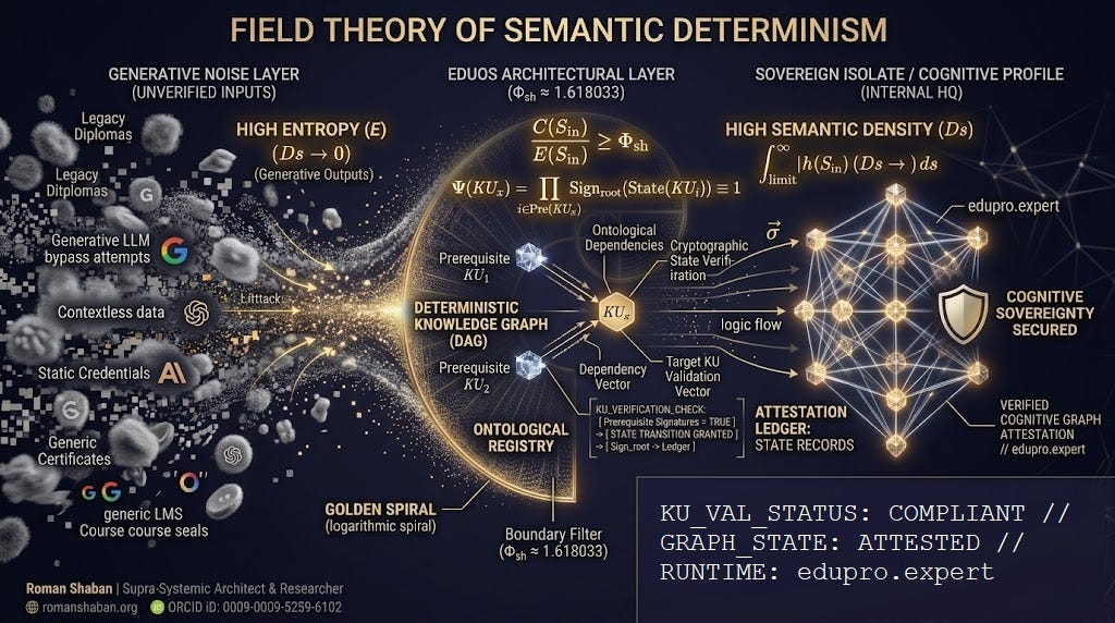 Technical architecture infographic titled 'Field Theory of Semantic Determinism: EduOS Edition' by Roman Shaban. The flow maps the conversion of raw data into a secure cognitive profile. On the left, 'Generative Noise Layer (Unverified Inputs)' displays symbols for legacy diplomas, generic certificates, and generative LLM bypass attempts drowning in information entropy $E(S_{in})$. In the center, the 'EduOS Architectural Layer' processes the inputs through a golden logarithmic spiral filter ($\Phi_{sh} \approx 1.618033$) and calculates the graph state validation equation $\Psi(KU_x)$. Directed vectors show the Ontological Registry checking prerequisite dependencies for a target Knowledge Unit ($KU_g$). On the right, the verified 'Sovereign Isolate / Cognitive Profile' displays a complex glowing multi-dimensional node network labeled 'edupro.expert' and 'Cognitive Sovereignty Secured'. Side margin includes author attribution for Roman Shaban, Supra-Systemic Architect & Researcher, and verified ORCID iD 0009-0009-5259-6102.