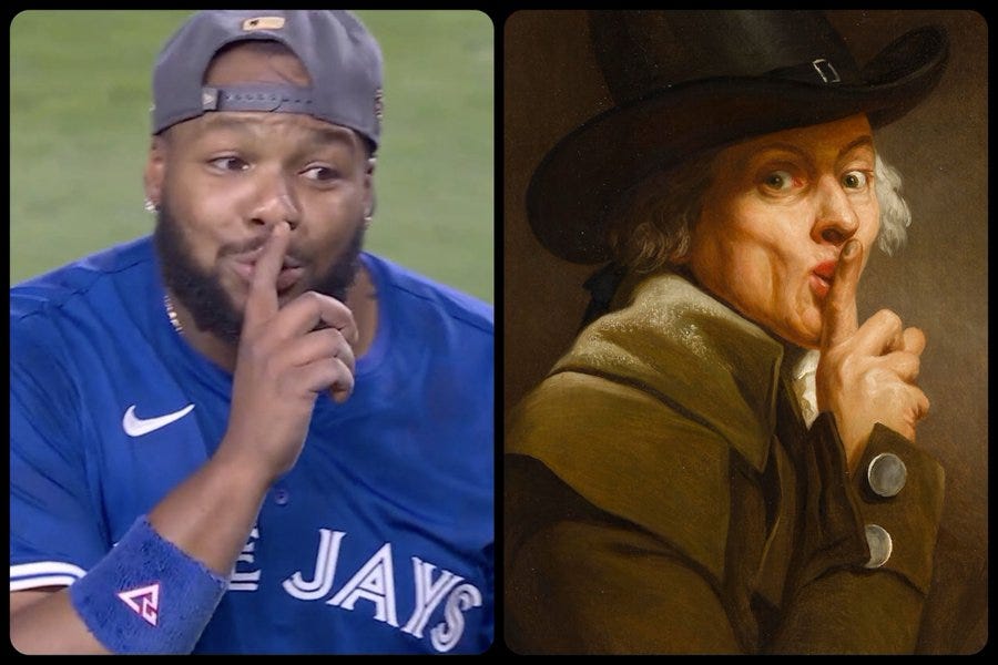 Left side shows a Black male baseball player with beard and earrings wearing a gray cap and blue Toronto Blue Jays jersey with Nike logo, standing on a green field with finger to lips in silencing gesture. Right side depicts Joseph Ducreux in 18th-century brown coat, black tricorn hat, powdered hair, and ruffled shirt, seated with finger to lips in silencing pose against a dark background.
