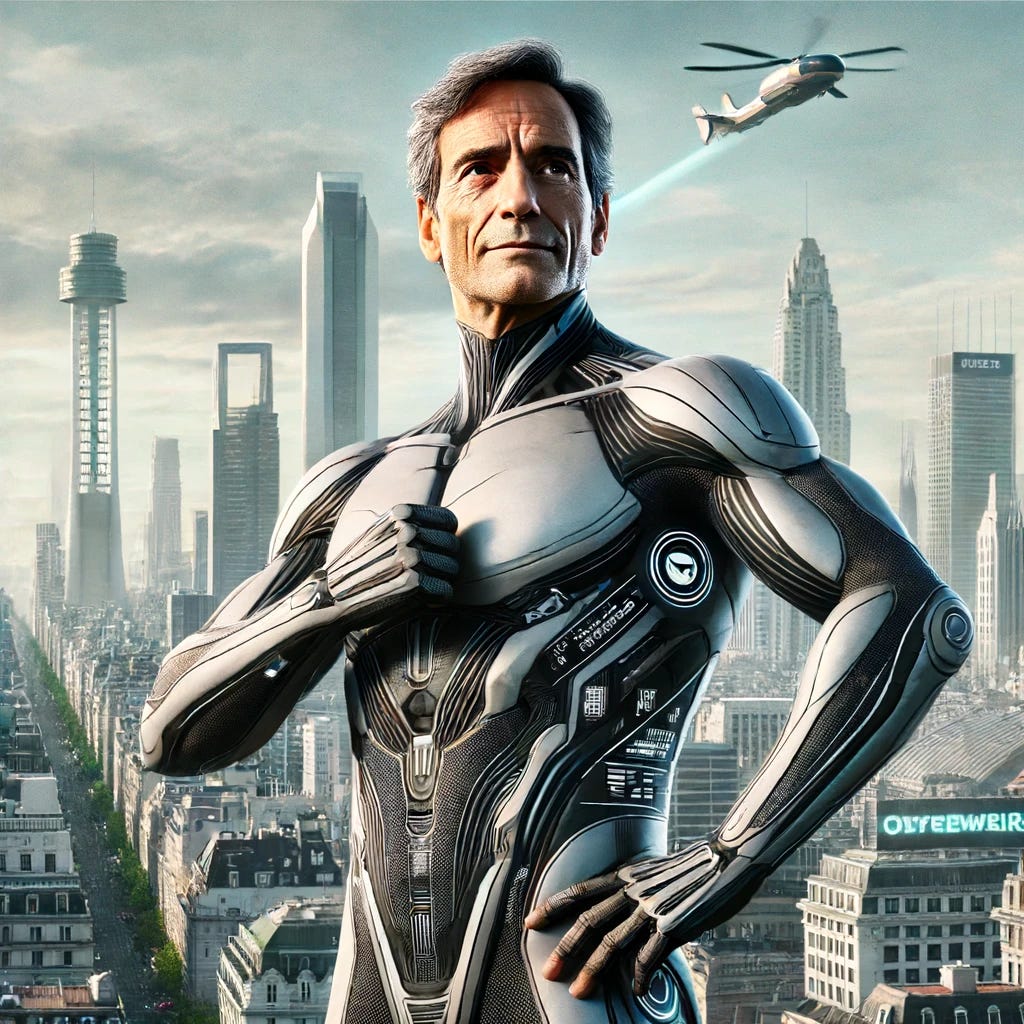 Oswald, a superhero with an inspiring and motivational presence. He is over 55 years old with a wise and experienced look. He has a fit physique, showcasing his agility despite his age. Oswald wears a sleek, modern suit with elements of technology integrated into the design, symbolizing his mastery of new skills and continuous learning. His suit includes subtle nods to his diverse background, like hints of carpentry tools and aeronautical elements. He stands confidently in an urban setting, representing Buenos Aires in 2024 with futuristic elements visible in the background. Oswald has a determined and kind expression, ready to lead and inspire humanity. Oswald, a superhero with an inspiring and motivational presence. He is over 55 years old with a wise and experienced look. He has a fit physique, showcasing his agility despite his age. Oswald wears a sleek, modern suit with elements of technology integrated into the design, symbolizing his mastery of new skills and continuous learning. His suit includes subtle nods to his diverse background, like hints of carpentry tools and aeronautical elements. He stands confidently in an urban setting, representing Buenos Aires in 2024 with futuristic elements visible in the background. Oswald has a determined and kind expression, ready to lead and inspire humanity.
