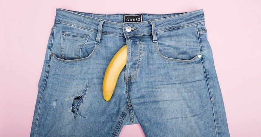 blue denim jeans with yellow banana on top
