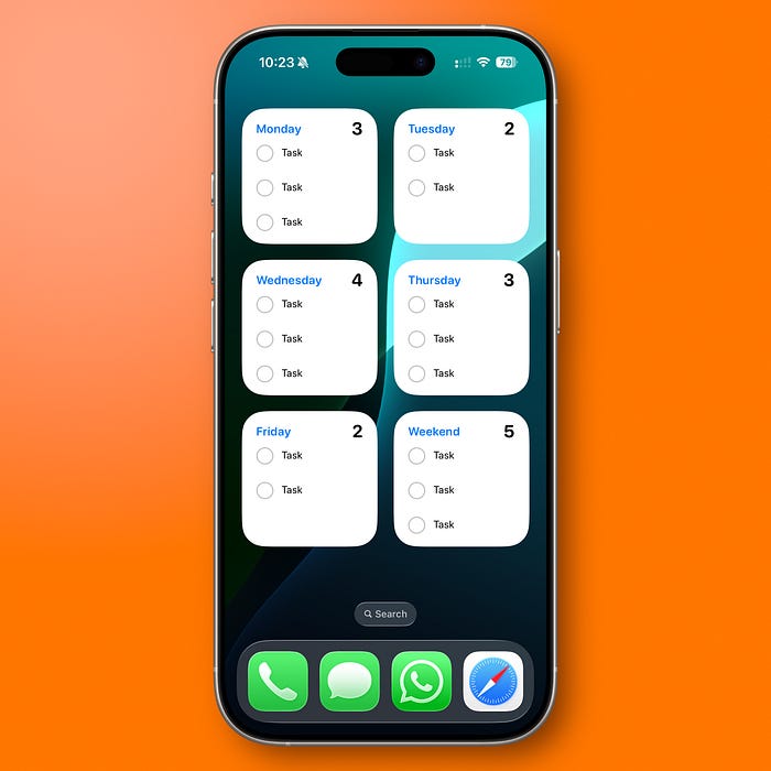 iPhone Home Screen showing multiple Apple Reminders widgets for each day of the week.