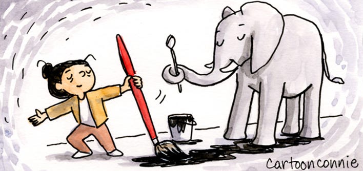 Watercolor illustration of a girl with an elephant, holding a giant paint brush, by Connie Sun, cartoonconnie, 2025.