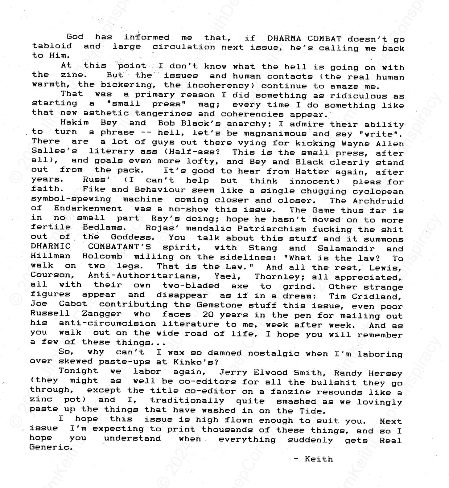 Typed letter by Jim Keith discussing Dharma Combat magazine, contributors, and plans for the future.