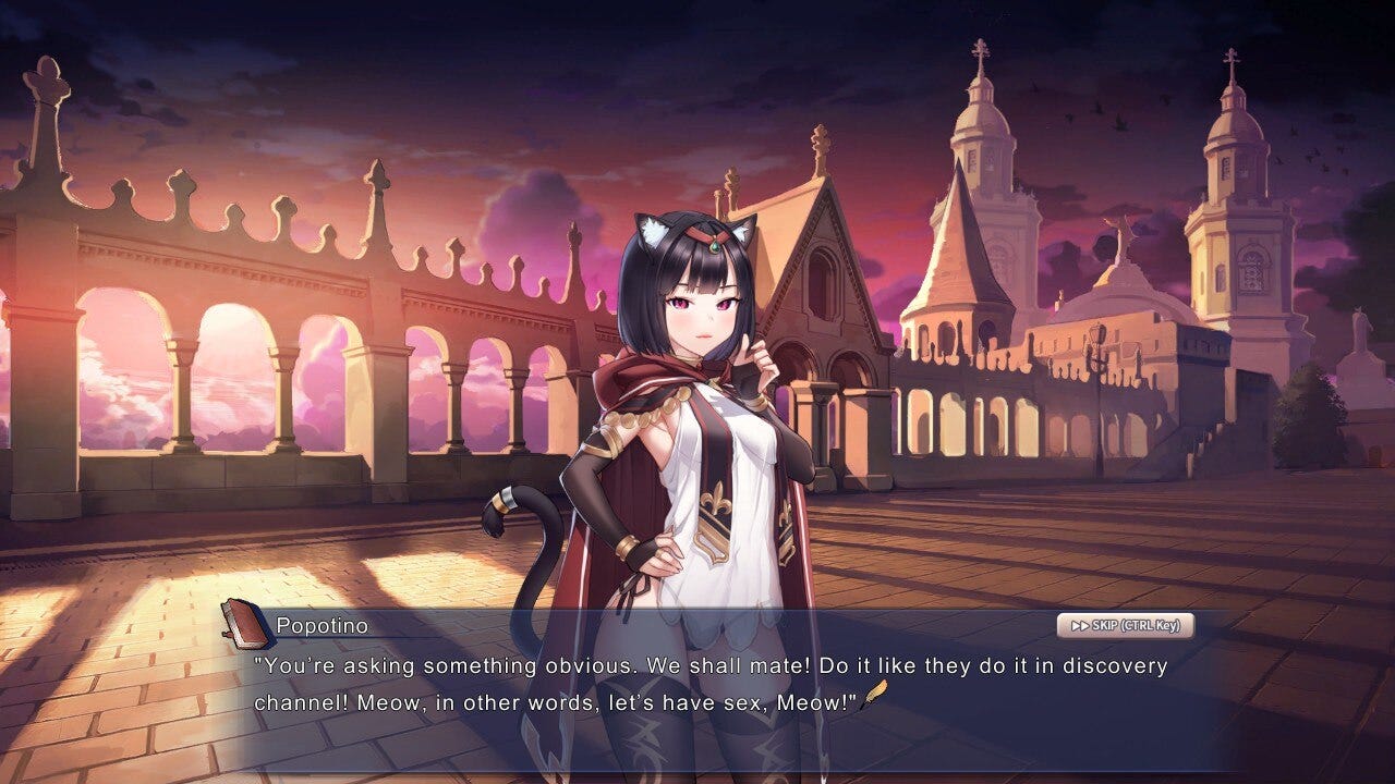 A catgirl tells the protagonist "to do it like they do it in Discovery Channel"