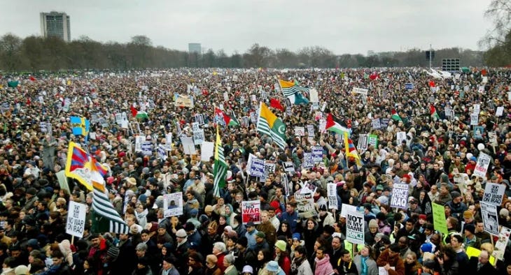 Anti-war protesters are seen massed in London's Hyde Park, where the 15 February 2003 demonstration culminated. 
