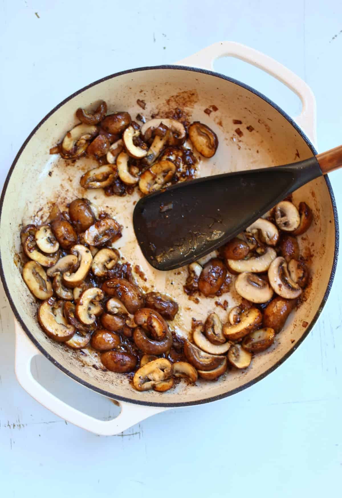 a skillet of sauteed mushrooms.