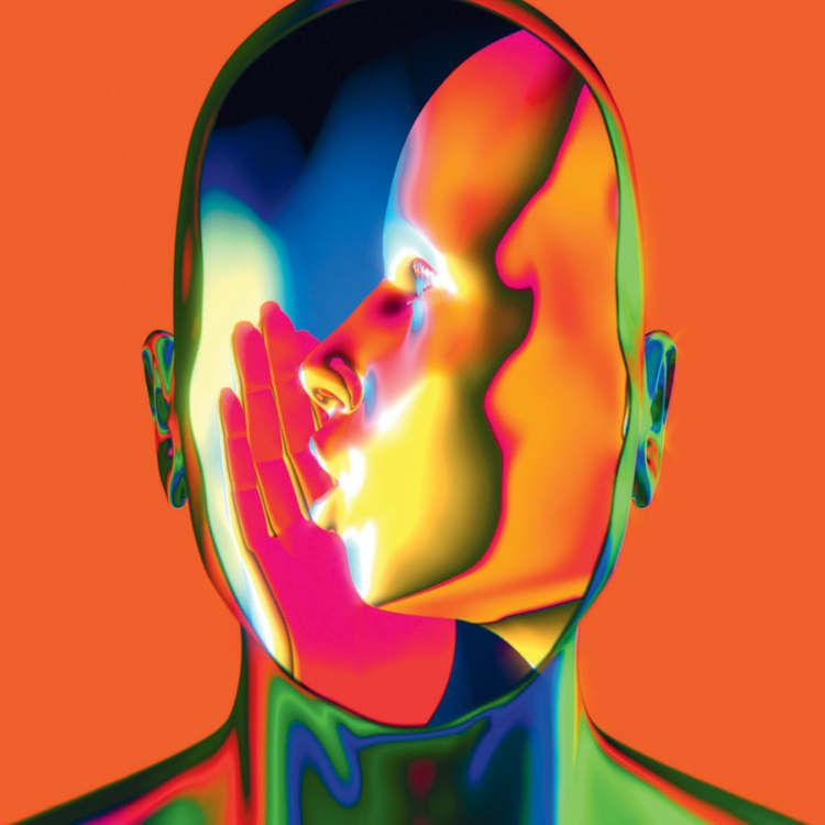 colorful art of head with whispering person inside