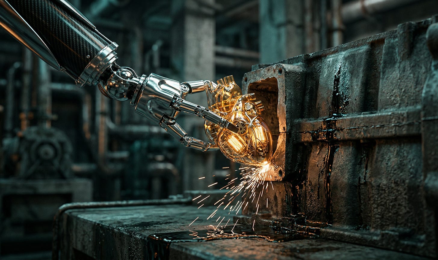 A robotic surgical arm forcing a glowing golden clockwork heart into a brutalist iron engine block, sparks flying from the friction