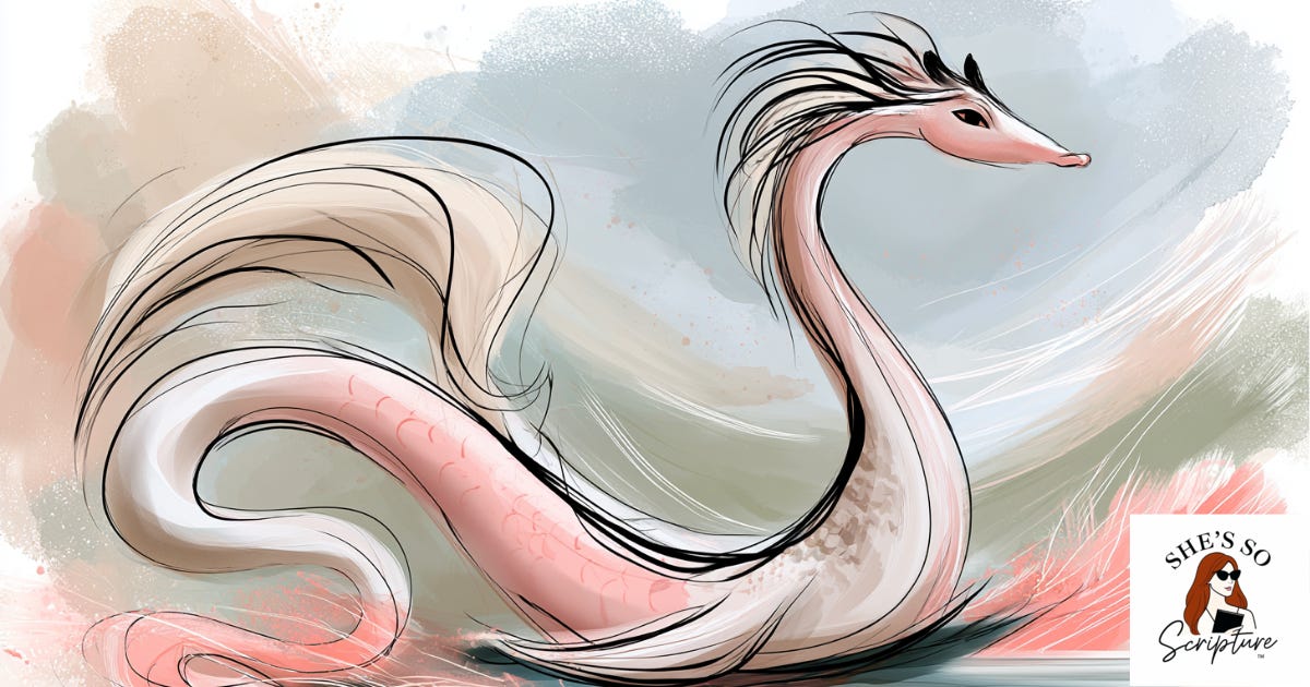 Artistic illustration of Leviathan as a graceful, serpent-like sea creature with flowing fins and soft watercolor textures.