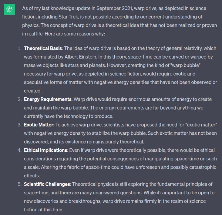 chat gpt explaining warp drive