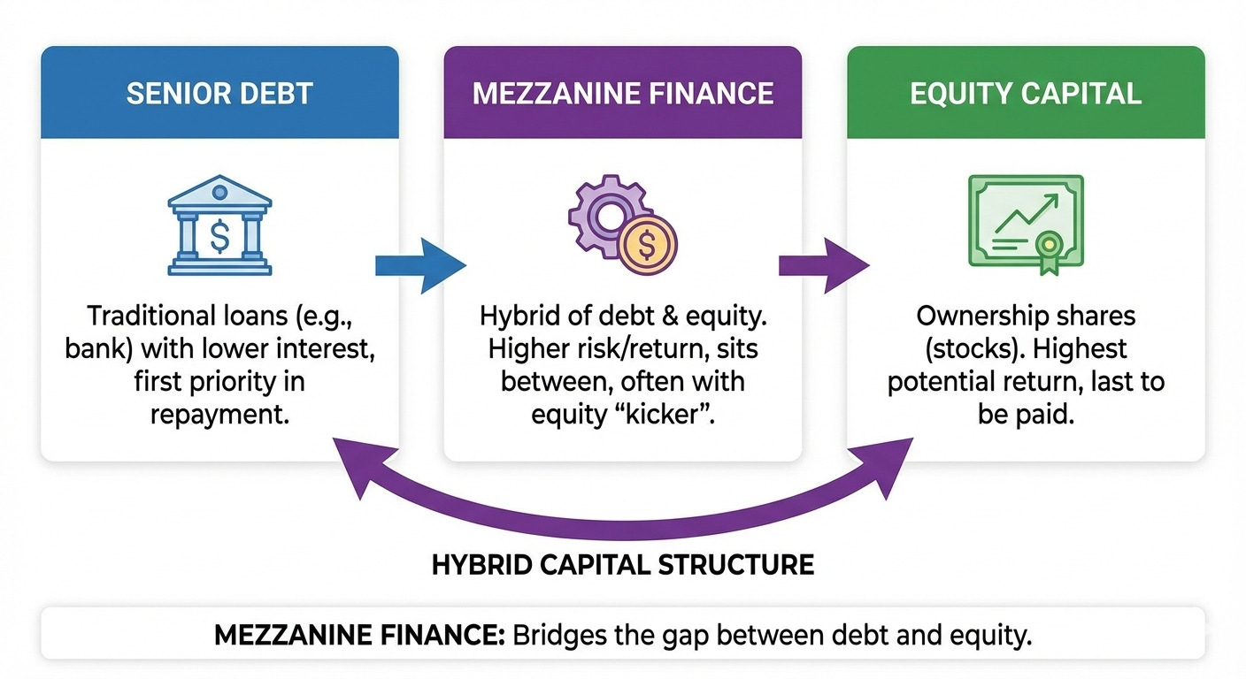 Mezzanine financing explained as a hybrid between senior debt and equity capital Mezzanine financing explained as a hybrid between senior debt and equity capital