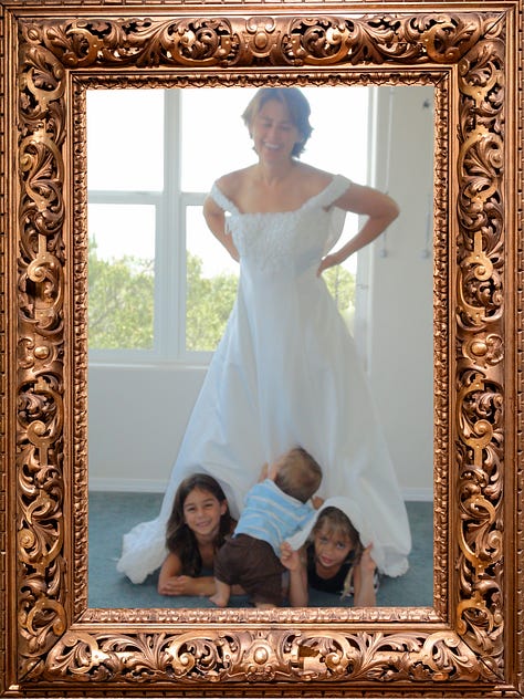 Several images of author Rosa Linda Román wearing a white wedding dress with her three kids playing underneath it like a tent.