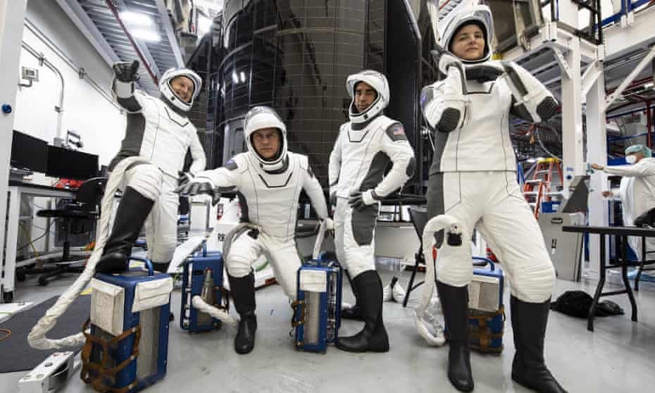 Astronauts (from left) Matthias Maurer, Raja Chari, Thomas Marshburn and Kayla Barron during training for their SpaceX flight to the International Space Station Astronauts (from left) Matthias Maurer, Raja Chari, Thomas Marshburn and Kayla Barron during training for their SpaceX flight to the International Space Station