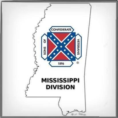 Outline of state of Mississippi and inside is a Confederate battle flag stars and bars symbol with the name of Mississippi Division of Sons of Confederate Veterans