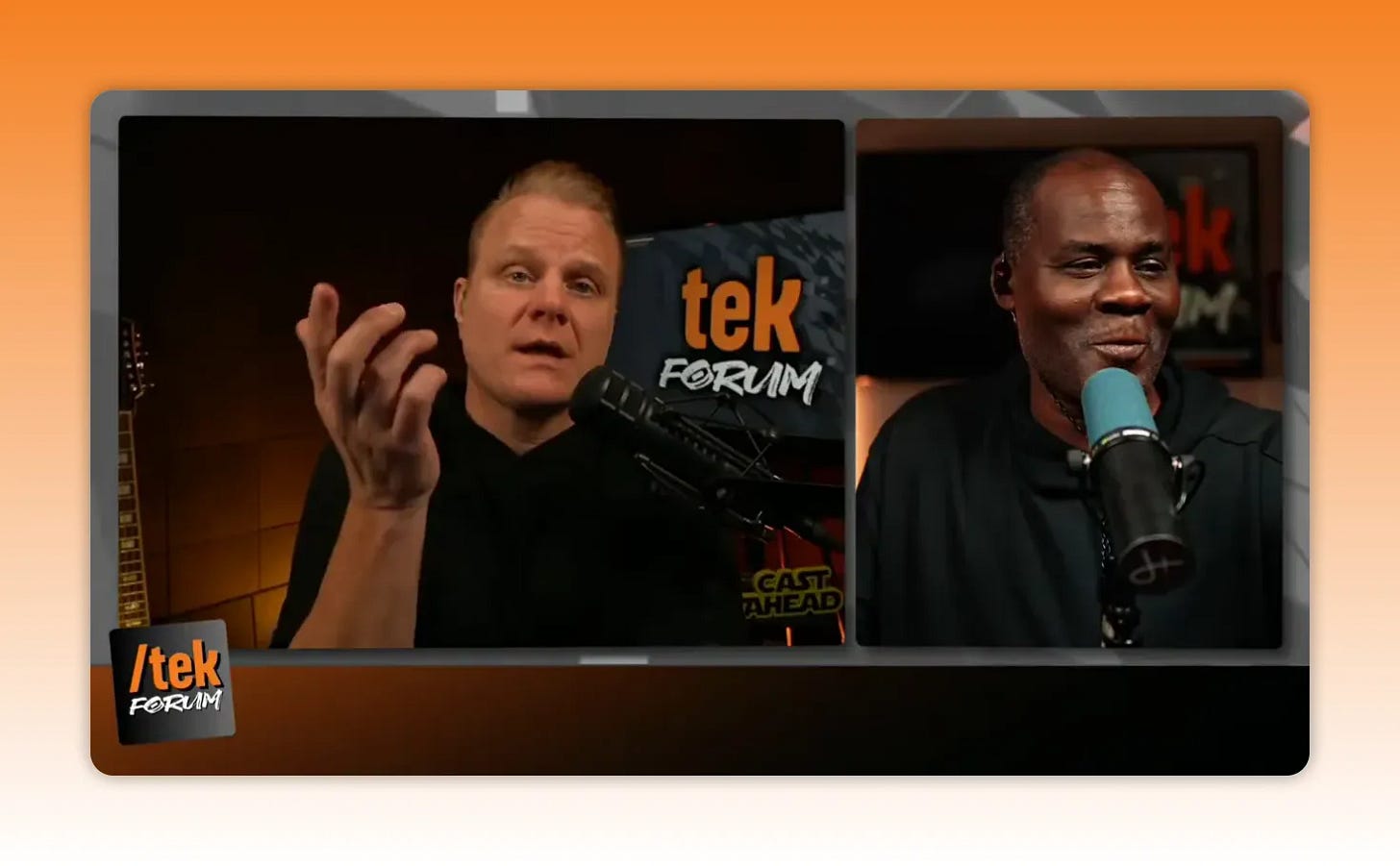 Energetic split-screen of two podcast hosts with visible microphone and studio backdrop Energetic split-screen of two podcast hosts with visible microphone and studio backdrop