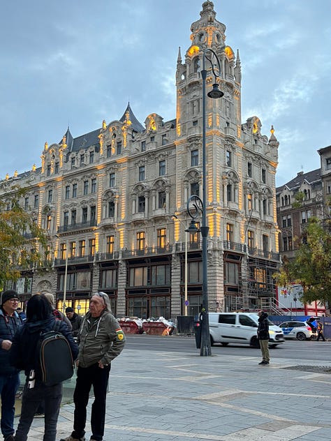 Photos of architecture and a selfie of us in Budapest, Hungary