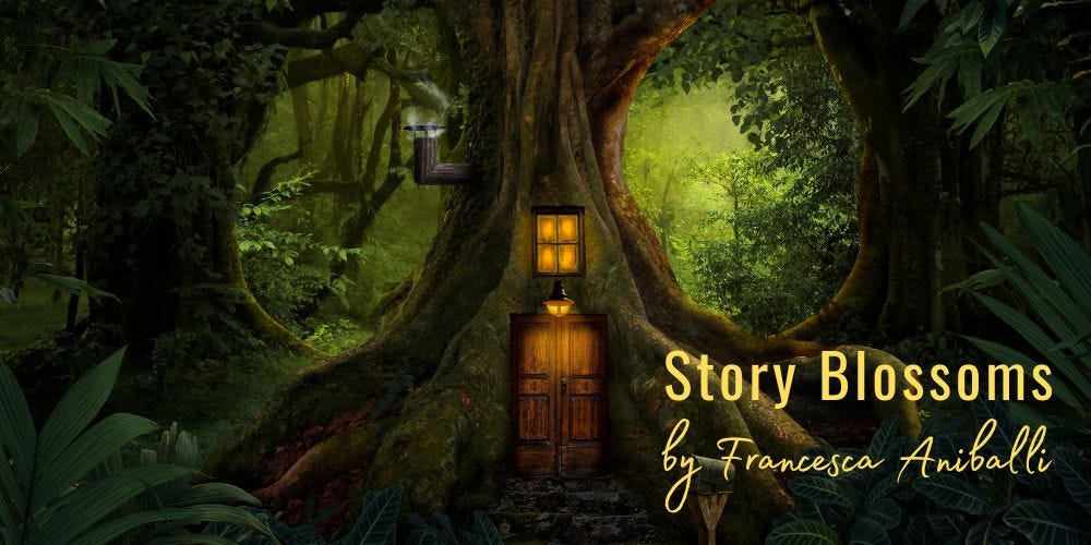 Picture of a dark, mystical, forest. A tree with a doorway and a lantern set in the trunk is in the foreground. Words read “Story Blossoms by Francesca Aniballi.