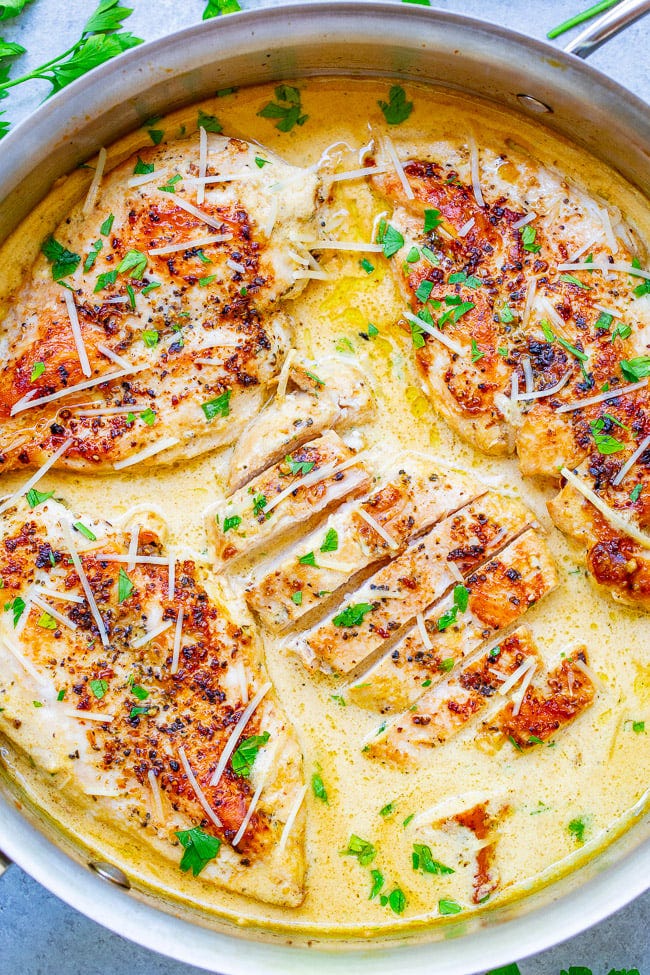 Creamy Parmesan Dijon Skillet Chicken. 