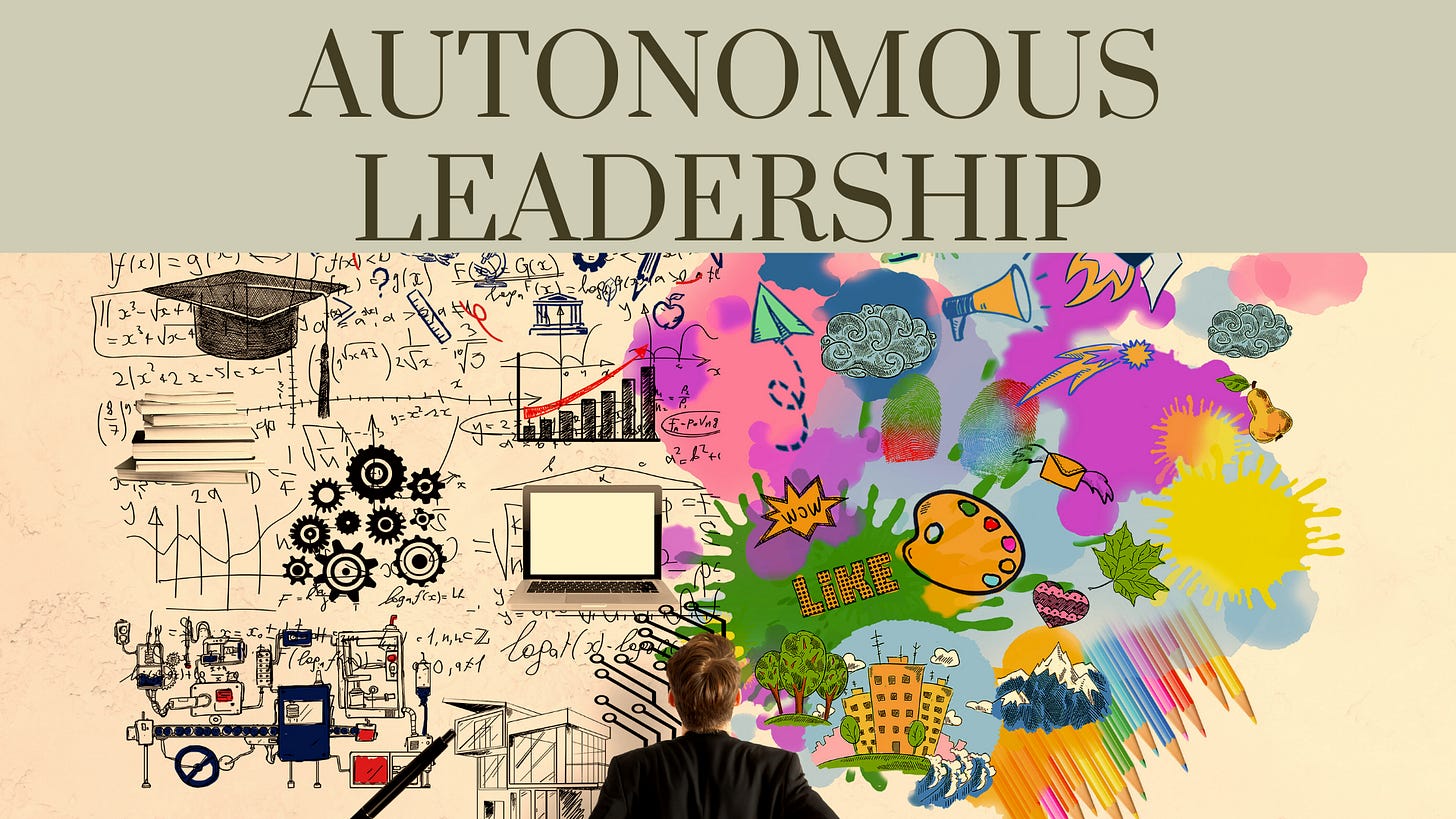 Explore the concept of Autonomous Leadership with this visually engaging image that contrasts structured analysis with creative thinking. Perfect for understanding how empowering teams can drive innovation, adaptability, and productivity in modern workplaces.