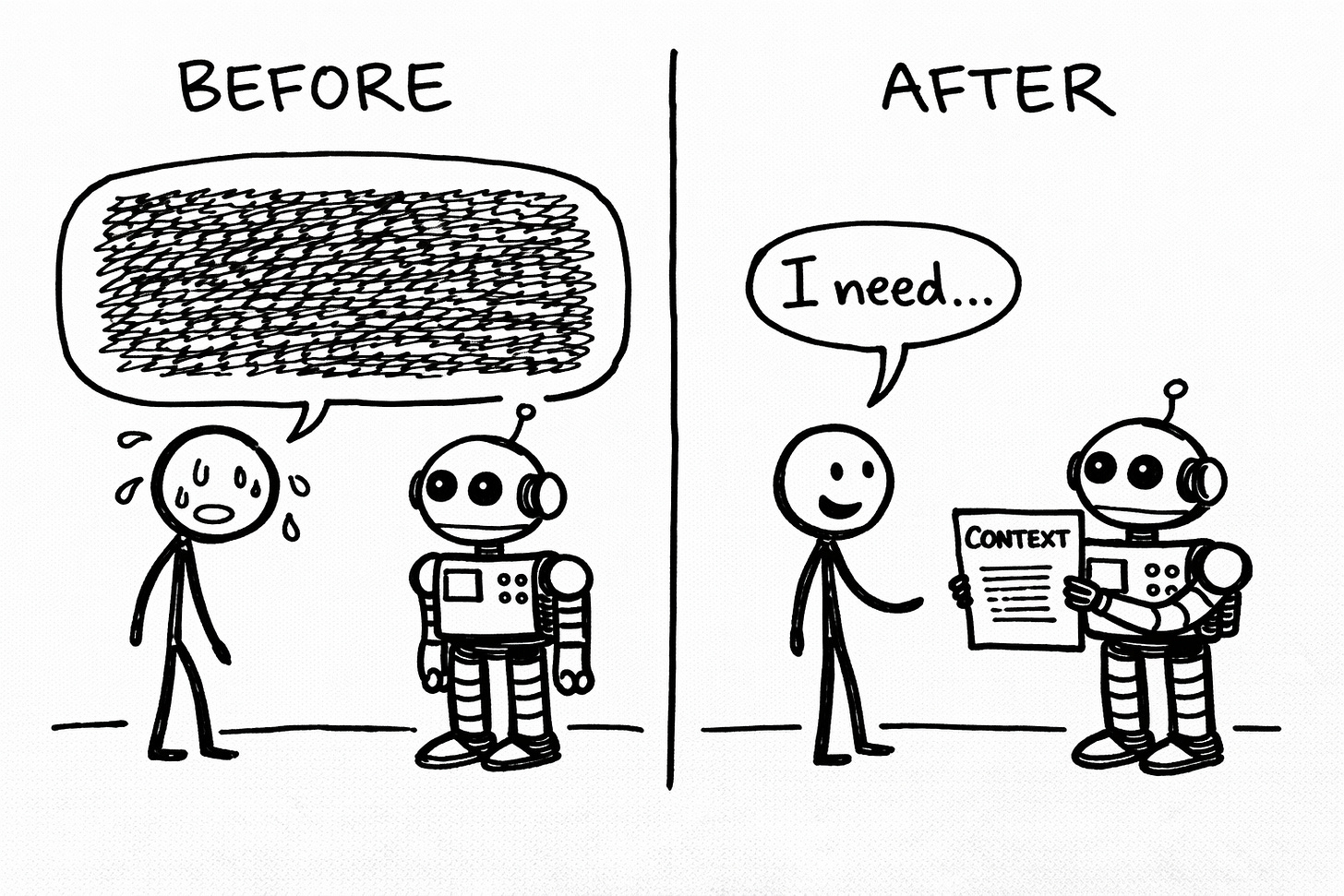 Hand-drawn Sharpie before-and-after comparison showing AI user overwhelmed by massive context explanation versus streamlined workflow where robot already holds document labeled “CONTEXT,” demonstrating Claude Project setup efficiency. Hand-drawn Sharpie before-and-after comparison showing AI user overwhelmed by massive context explanation versus streamlined workflow where robot already holds document labeled “CONTEXT,” demonstrating Claude Project setup efficiency.