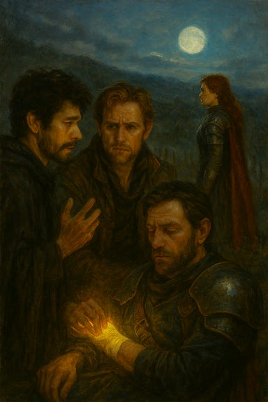 A dark fantasy scene at the edge of the Wizard of Wines Winery vineyard under moonlight. Felonious, visually inspired by Ben Whishaw, stands speaking to Greegan, who is visually inspired by Matt Ryan and dressed in rogue's leathers. Felonious holds the Tome of Strahd loosely in one hand, his expression thoughtful. Greegan stands nearby, arms folded, his gaze fixed on Ireena in the distance. Ireena, visually inspired by Tamsin MacKenzie, sits alone on a low stone wall, dressed in her armor and a long crimson coat. Her sword rests beside her, and her red hair catches the silver light. Mist curls around the vineyard rows, and ravens perch silently on broken beams overhead. The atmosphere is quiet, tense, and emotionally charged.
