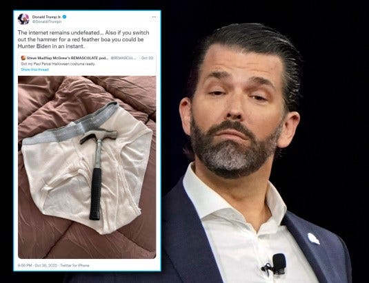 In the days after the politically-motivated attack on Pelosi, Donald Trump, Jr. posted a disgusting joke about a Paul Pelosi Halloween costume.

FILE - Donald Trump Jr., speaks at the Conservative Political Action Conference on Feb. 27, 2022, in Orlando, Fla. Donald Trump and two of his children, Donald Jr. and Ivanka Trump are due, in the coming days, to face questioning under oath in New York's civil investigation into their business practices. But will the Trumps answer? (AP Photo/John Raoux, File)
