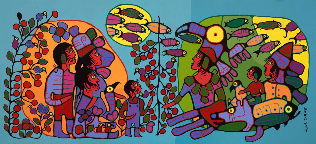 Norval Morrisseau: Norval Morrisseau, Observations of the Astral World, c. 1994
Acrylic on canvas, 236 x 514 cm
National Gallery of Canada, Ottawa
Norval Morrisseau: Norval Morrisseau, Observations of the Astral World, c. 1994
Acrylic on canvas, 236 x 514 cm
National Gallery of Canada, Ottawa