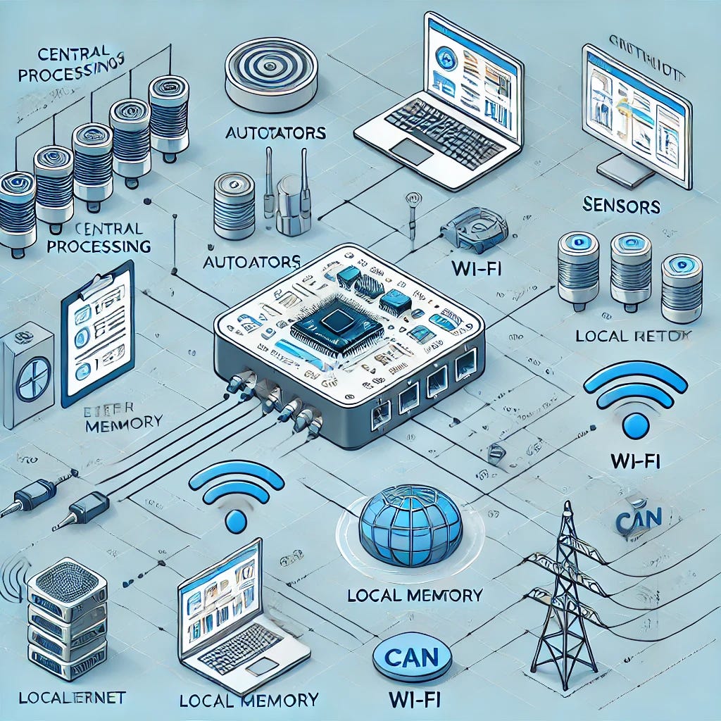 A device schematic showing multiple actuators controlled by the device, with data collection from various sensors. The data is stored in local memory and connected to a network with options like Ethernet, Wi-Fi, and CAN. Illustrate a central processing unit managing actuators and sensors, along with local memory storage. Include network connections visually represented with Ethernet, Wi-Fi, and CAN icons, all interconnected in a simplified technical layout.