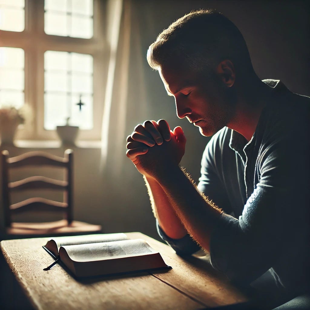 A contemplative image of a father or mother sitting in a quiet space, praying alone for their children. The setting could be simple, with a Bible or rosary on the table, soft light streaming in from a nearby window. The person's face shows deep reflection and connection with God, emphasizing their hope and trust in divine providence for their family's faith journey.