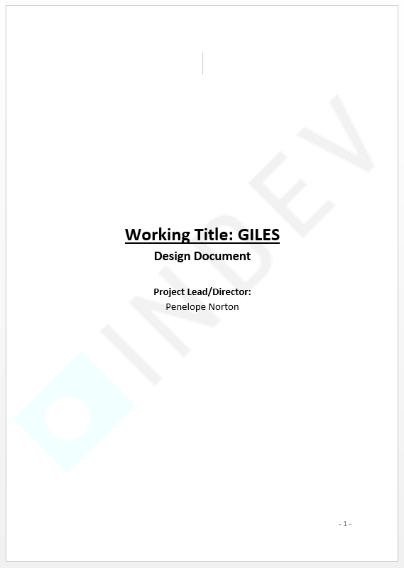 LEFT: a title page reading "Working Title: GILES - Design Document". RIGHT: A table of contents for the design document, entirely blacked out.