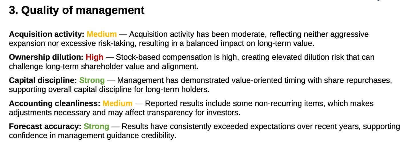 Management quality assessment showing moderate overall rating with strong capital discipline and forecast accuracy, but high stock-based compensation causing dilution risk and moderate accounting transparency. Management quality assessment showing moderate overall rating with strong capital discipline and forecast accuracy, but high stock-based compensation causing dilution risk and moderate accounting transparency.