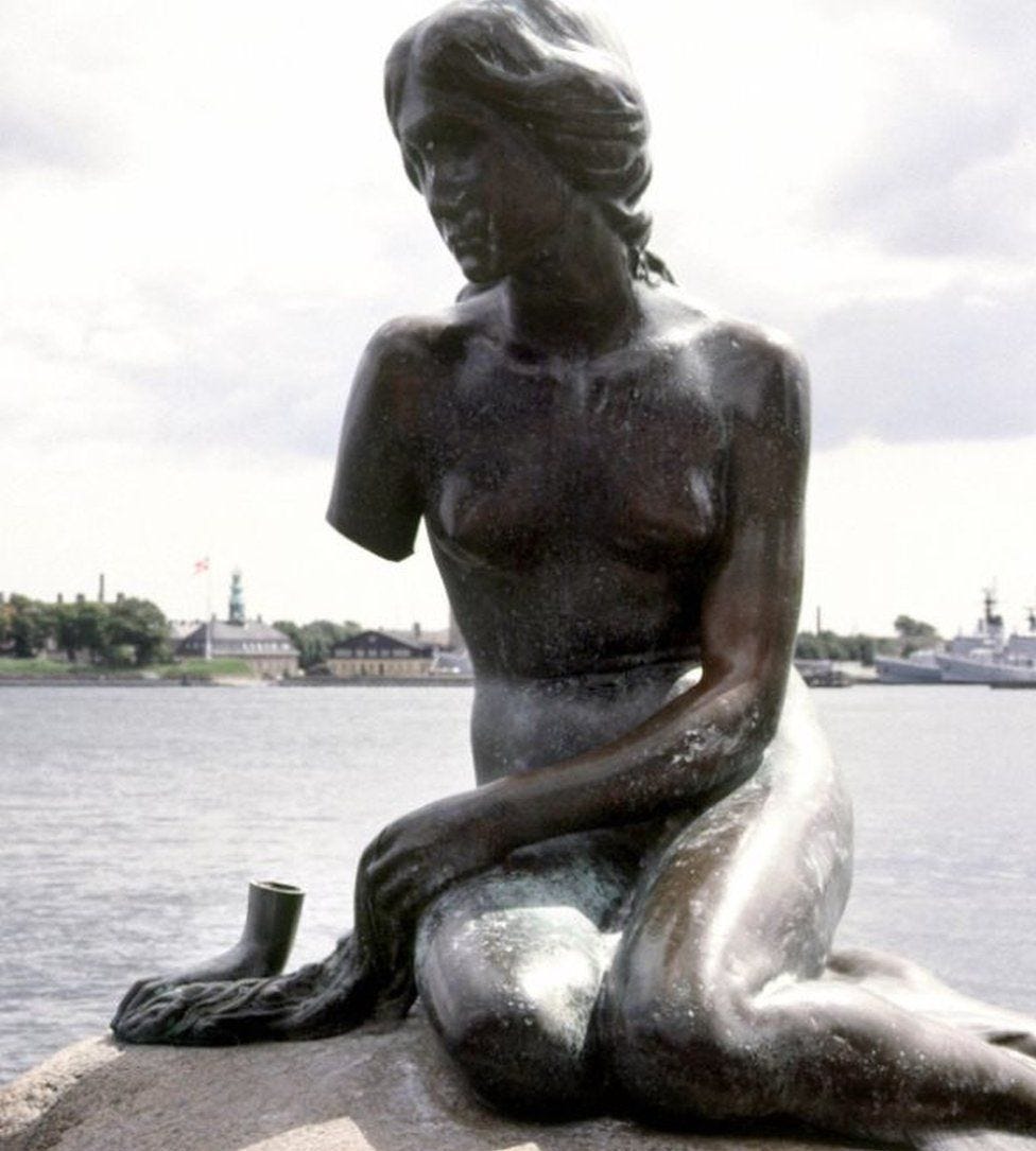 This picture taken on July 22, 1984 shows Denmark's national symbol, the statue of Little Mermaid which sits on a rock in the Copenhagen harbour in Churchill Park, one arm missing This picture taken on July 22, 1984 shows Denmark's national symbol, the statue of Little Mermaid which sits on a rock in the Copenhagen harbour in Churchill Park, one arm missing