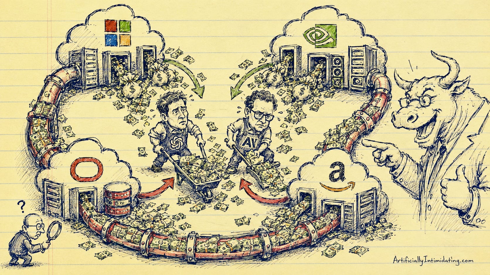 AI-generated editorial cartoon in a hand-drawn pen-and-ink style on crumpled paper. Four giant cloud infrastructure towers, resembling Microsoft, Nvidia, Oracle, and Amazon, form a circular money machine connected by thick red pipes packed with cash. Streams of dollar bills and money bags pour inward toward caricatures of Sam Altman and Dario Amodei, who shovel and wheelbarrow the money back into the same infrastructure loop. A giant Wall Street bull in glasses points excitedly at the system, while a tiny accountant with a magnifying glass looks confused. The image satirizes circular AI investment, where infrastructure companies fund AI firms that immediately spend the money back on cloud and compute services.
