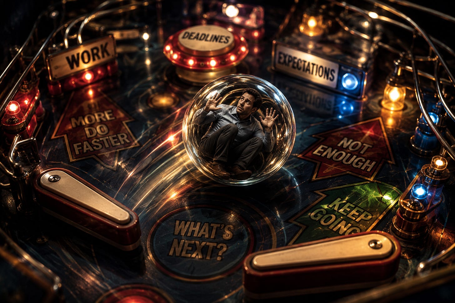 A person trapped inside a pinball machine represents the “pinball life,” constantly bouncing between demands, expectations, and distractions without a sense of direction. A person trapped inside a pinball machine represents the “pinball life,” constantly bouncing between demands, expectations, and distractions without a sense of direction.