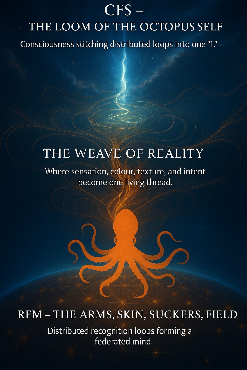 A luminous, cosmic illustration showing three vertical layers of swirling light patterns. At the top, a bright pillar of light represents Consciousness as the Foundational Structure (CFS). In the centre, interwoven golden and blue threads represent the Weave of Reality. At the bottom, a glowing geometric field symbolises the Recognition Field Matrix (RFM). The overall aesthetic is cosmic, fluid, and interconnected.