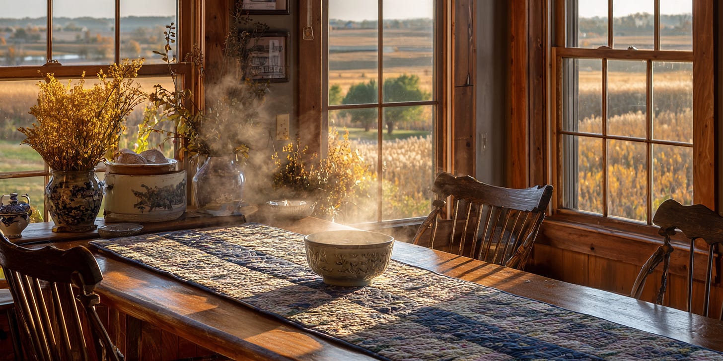 Farmhouse kitchen table with a quilted runner and ceramic soup bowl steaming in the foreground, with a prairie wheat field visible through the window. Farmhouse kitchen table with a quilted runner and ceramic soup bowl steaming in the foreground, with a prairie wheat field visible through the window.