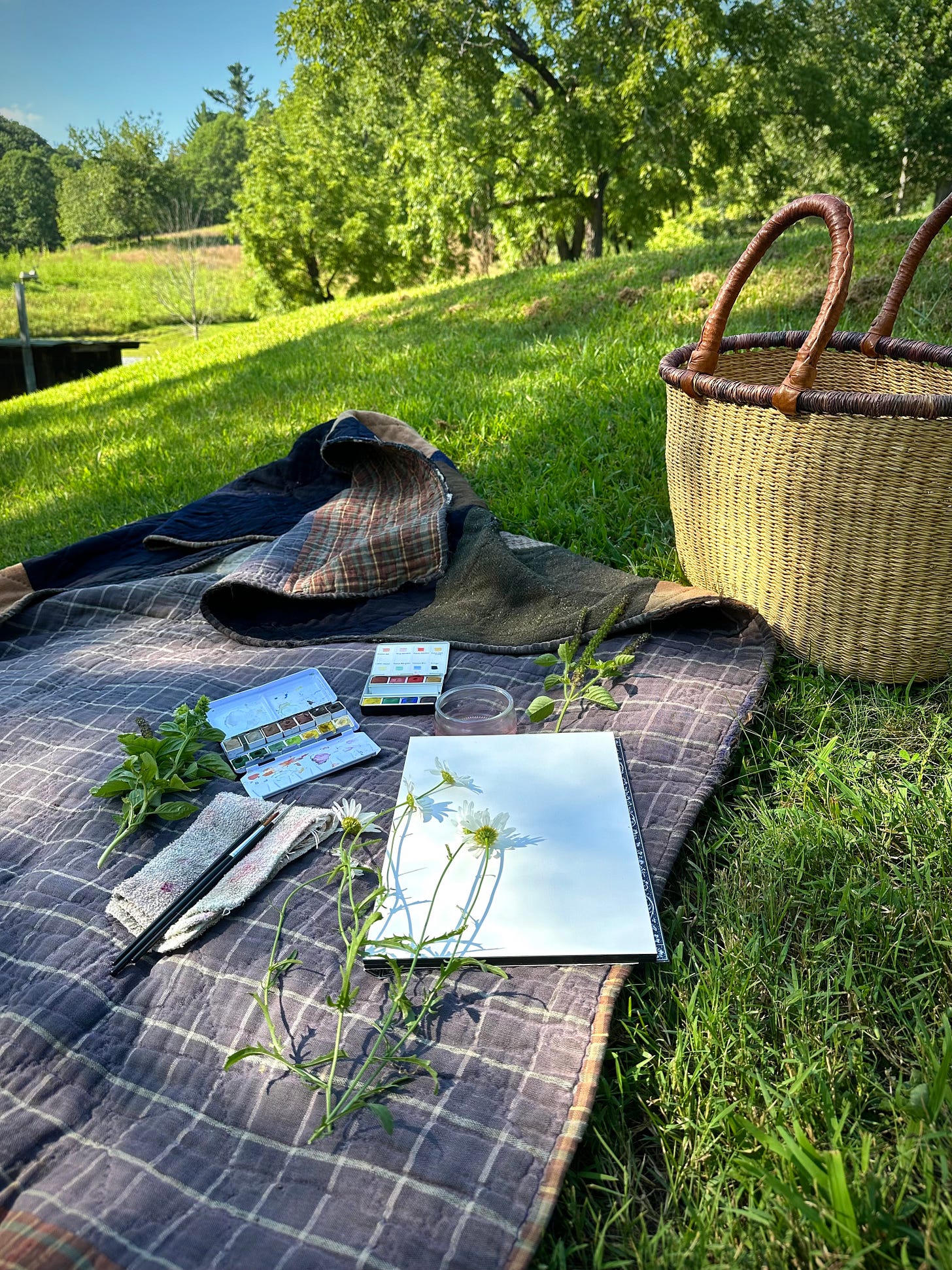 An image of a picnic blanket on some grass, with hills and trees in the background. A basket sits next to the blanket, and blank paper + paints and flowers sit on top of the blanket. 