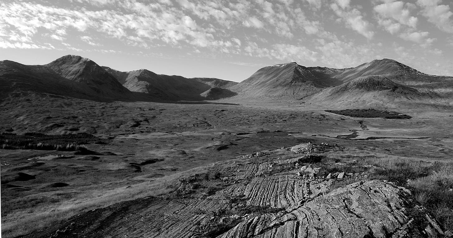monochrome, looking back across Rannoch Moor