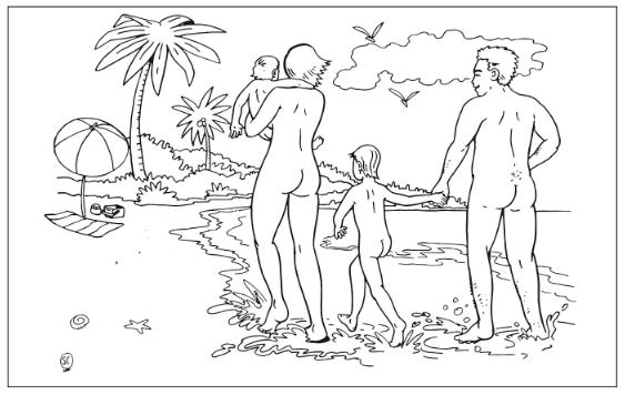 Line drawing of a nude family walking together on a beach. A father holds a child’s hand, while the mother carries a baby as they all head toward the shoreline with palm trees, birds, and seashells nearby.