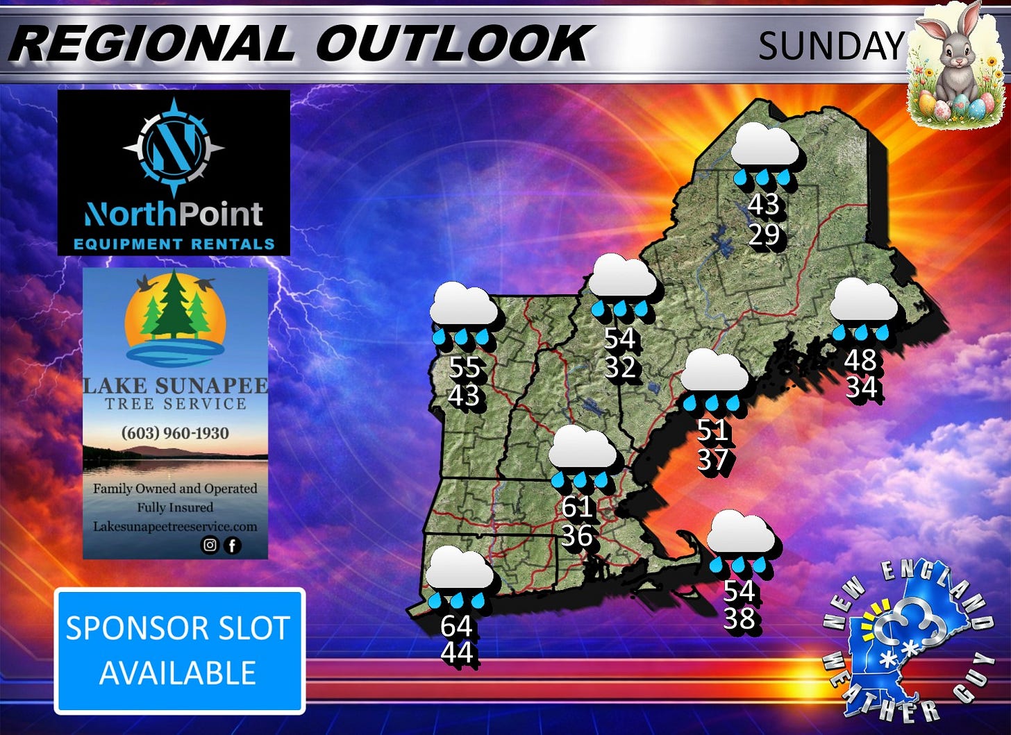 May be an image of ‎video games, map and ‎text that says '‎REGIONAL OUTLOOK SUNDAY 43 29 NorthPoint EQUIPMENT RENTALS ZA LAKE SUNAPEE TREE SERVICE (603)960-1930 (603) 960-1930 -1930 5 55 43 4 54 32 Family Owned and Operated FullyInsured Insured Fully 48 34 ® f 51 37 61 36 SPONSOR SLOT AVAILABLE 64 44 54 38 ENELAMLO ENG حلم‎'‎‎