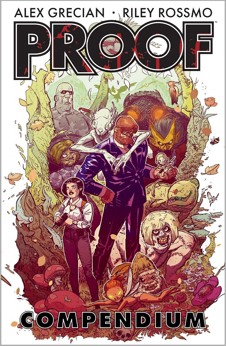 Covers of Rose of Jericho (a noose hanging in the woods) and The Proof Compendium (Proof surrounded by the book's other characters).